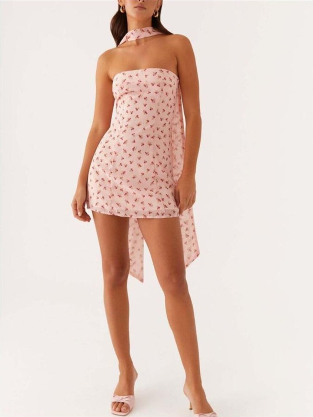 Women's Floral Strapless Mini Dress Scarf Summer Wedding Party Vacation